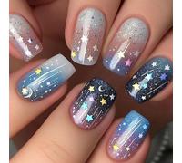 24 Pièces Carrées Fausses Ongles En Acrylique Ongles Artificiels Couvertures Complètes Brillantes Bâtones Avec Des Conceptions Étoiles De Lune Pour Les Fêtes De Mariage Mariage Art