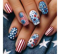 24 Pièces Carrées Fausses Ongles Pour Le 4 Juillet Presse Sur Manucure Decors Stick On Flower Design Fashion Nail Art