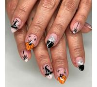 24 pièces Chapeau de sorcière, Chaudron magique, Citrouille, Étoile, Araignée Ongles à porter, Ongles faux réutilisables ovales nude brillants automne Halloween, Éléments classiques d'Halloween : Chap