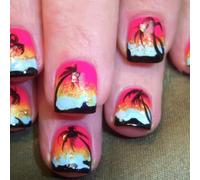 24 Pièces Coucher De Soleil Brillant Presse Sur Ongles Court Carré Faux Dessins De Cocotier Pour Les Fêtes Mariages Quotidienne Brillant Court Carré