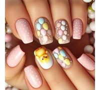 24 pièces courtes carrées à presser sur les ongles avec des motifs de poussins, manucure en acrylique pour les célébrations de Pâques, à la mode