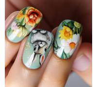 24 Pièces Courtes Carrées Presse Sur Ongles Vert Acrylique Faux Lapins De Pâques Fleurs Artificielles Coller Sur