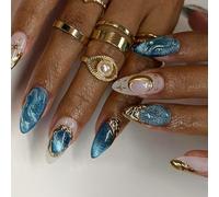 24 pièces d ' ongles artificiels pour des étincelles d ' oeil de chat élégantes et des matériaux ABS à effet d ' étoile de mer profonde avec option d ' application simple Star Sparkles Nails