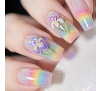 24 pièces de belles fleurs faux ongles colorés artificiels couvertures complètes coller sur Long carré appuyer dessus