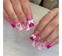24 pièces de fausses ongles carrés roses moyens longs pour la Saint-Valentin avec ornement 3D en forme de nœud d'amour rose. Design de cerise rose. Ongles acryliques factices pour femmes et filles, fo