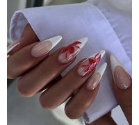 24 pièces de faux ongles à coller longs en forme d'amande stiletto, base nude avec bout français blanc et fleurs rouges peintes à la main, art des ongles brillant et doux, boostez votre tempérament, m