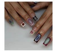24 Pièces De Faux Ongles Carrés Courts À Bords Bleus, Fleurs Et Strass, Design Français Kit Manucure(Y3)