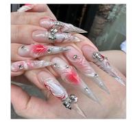 24 Pièces De Faux Ongles Carrés Courts À Bords Bleus, Fleurs Et Strass, Design Français Kit Manucure(Y4)