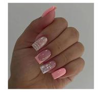 24 Pièces De Faux Ongles Carrés Courts À Bords Bleus, Fleurs Et Strass, Design Français Kit Manucure(Y1)