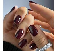 24 pièces de faux ongles courts carrés de couleur unie bordeaux/marron rouge avec application à pression. Design minimaliste pour un port quotidien, les rendez-vous, le thé de l'après-midi et les sort