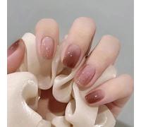 24 pièces de faux ongles courts d'été, ongles carrés, ongles faux dégradé caramel perméable à la glace, 1 pièce de colle à ongles, 1 lime à ongles, et kit d'art des ongles. Faux ongles courts, moyens,
