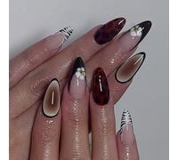 24 pièces de faux ongles de conception française à rayures, embellissements floraux avec perles en acier, application facile pour un usage quotidien, imprimé français, rayures dégradées, faux