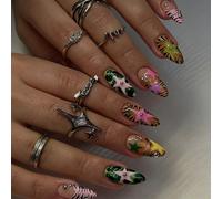 24 pièces de faux ongles en forme d'amande de taille moyenne, style Y2K Hot Girl, camouflage vert, rayures de tigre noir orange rose, French tip, étoile rose violette avec décoration de boule d'acier 