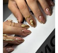 24 pièces de faux ongles français courts à presser en or amande avec finition brillante et design ondulé unique, parfaits pour les femmes et les filles