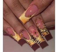 24 pièces de faux ongles longs effilés à coller, base rose nude, imprimé tigre, fleurs roses 3D, décoration de strass en métal doré, ongles brillants réutilisables, améliorent l'élégance, conviennent 