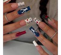24 pièces de faux ongles rectangulaires : design premium peint à la main en blocs de couleurs bleu d'été, esthétique ABS,Gelée,Carborundum