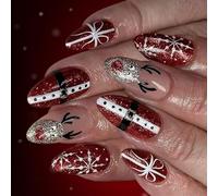 24 pièces de Noël à presser sur les ongles avec des paillettes rouges du Père Noël, des flocons de neige, des rennes, des faux ongles en ABS pour les fêtes de Noël