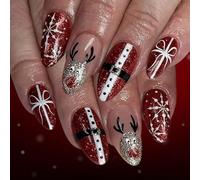 24 Pièces De Noël À Presser Sur Les Ongles Avec Des Paillettes Rouges Du Père Noël Des Flocons De Neige Des Rennes Des Faux Ongles En ABS Pour Les Fêtes De Noël.