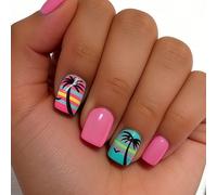 24 pièces de pointes d'ongles carrées courtes pressées avec des motifs romantiques de plage, de palmiers et d'oiseaux, design coloré convenant aux femmes/filles pour les fêtes, le bureau et le port qu