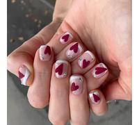 24 pièces de Styles français à pression sur les ongles, paillettes texturées, Design de cœurs pour femmes, plusieurs tailles, paillettes rouge vin