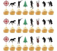 24 Pièces Décoration de Gâteau de Chasse, Chasse Thème Cupcake Topper, Décoration de Gâteau Chasses à Paillettes, Woodland Chasses, Arbre Cerf et Chasseur, pour Décoration de Gâteaus d'Anniversaire