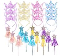 24 pièces décorations de fête d'anniversaire féerique, 12 baguettes de fée étoiles brillantes avec ruban, 12 couronnes princesse élastiques scintillantes, diadème parfait pour les petites filles