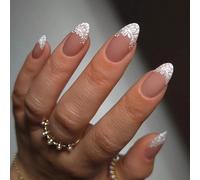 24 pièces d'ongles à coller de style français avec dentelle florale blanche et designs acryliques peints à la main; forme d'amande moyenne. Convient pour les mariages, les événements de demoiselle d'h