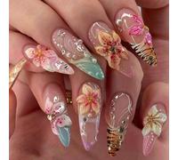 24 pièces d'ongles à coller pour femmes, forme longue pointue, nude transparent, décoration 3D fleur macaron rayures tigre perle strass, rehausse le charme, convient pour les voyages, le port élégant 