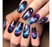 24 Pièces D'ongles Artificiels Élégants Nuages d'étoiles Couverture Complète Faux Bâton Brillant Sur Carré À Pression