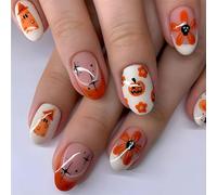 24 pièces d'ongles autocollants d'Halloween, ongles fausses courts en amande avec design de citrouilles et de fantômes pour femmes, filles, fêtes, costumes et tenues de fête (Multicolore)