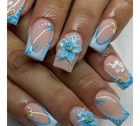 24 pièces d'ongles carrés courts en gel 3D, design d'ongles floraux avec perles, ensemble de faux ongles français, comprend 1 adhésif double face et 1 lime à ongles, manucure française, convient pour 