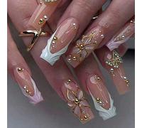 24 pièces d'ongles carrés longs en gel 3D à coller avec ornements de perles, présentant divers styles tels que des motifs floraux et français. Les pointes d'ongles d'été font briller vos doigts, parfa
