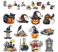 24 pièces d'ornements d'arbre d'Halloween, décorations en bois sur le thème d'Halloween, citrouilles, sorcières et plus, décorations d'Halloween parfaites pour les fêtes à la maison et dans le jardin.