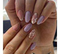 24 pièces Ensemble d'autocollants pour ongles de forme amande courte, design floral violet français incliné, finition brillante, convient aux femmes et aux filles pour porter dans n'importe quelle occ