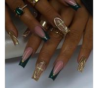 24 pièces Ensemble de faux ongles acryliques moyens avec design en croix en alliage 3D avec strass, pointes françaises. Contient 1 pièce de colle de gel et 1 pièce de lime à ongles. Facile à porter, o