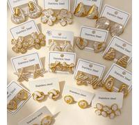 24 pièces / ensembles de boucles d'oreilles en acier inoxydable, avec des designs géométriques, en forme d'étoile de mer, floraux, en forme de cœur et asymétriques. (Expédition aléatoire) 4 pièces alé