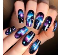 24 pièces étoiles nuages presse sur ongles carré faux élégant acrylique brillant couverture complète coller sur pour