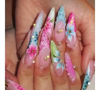 24 pièces Faux ongles à coller en forme d'amande avec fleurs 3D coquillage rose & vert contrastés, dégradé aquarelle à pois et effet ondulation d'eau, éclaircissant pour la peau, inclut colle gelée &