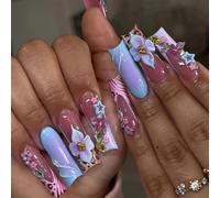 24 Pièces Faux Ongles À Pointe Française Longs Carrés Bleus Avec Motif Floral Ongles Artificiels Autocollants Pour Femmes