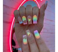 24 Pièces Faux Ongles à Presser Moyen Carré Français Ongles à Coller Amour Arc-en-ciel Acrylique Couverture Complète Ballerina Press on Nails pour Femme et Fille DIY Nail Art Décoration