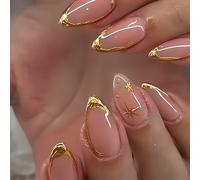 24 Pièces Faux Ongles Amande Moyen, Bordure Dorée 3D Français Press on Nails, Brillant Étoile Ongles à Coller, Acrylique Couverture Complète Nude Capsule Ongles pour Femme Fille Nail Art Accessoires
