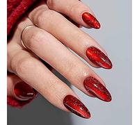 24 Pièces Faux Ongles Amande Moyen, Œil de Chat Rouge Vin Français Ongles à Coller, 12 Tailles Acrylique Capsule Ongles avec Autocollants Adhesif, Artificiels Couleur Unie Press on Nails pour Femme