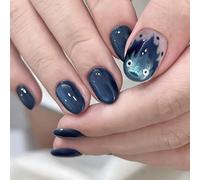 24 Pièces Faux Ongles Amovibles Style Démon Feu avec Effet Oeil de Chat Indigo, Tenue Longue Durée et Tendance