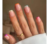 24 Pièces Faux Ongles Carré Court, Bordure Arc-En-Ciel French Press on Nails, 12 Tailles Rose Nude Fake Nails, Acrylique Couverture Complète Ongles à Coller pour Femme et Fille DIY Manucure