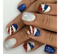 24 Pièces Faux Ongles Carrés Courts Paillettes Rayures Couvertures Complètes Jour De L'indépendance Presse Sur Les Pour Festivals Et Accessoires D' De Tous Jours