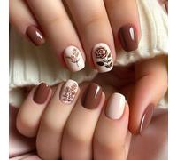 24 Pièces Faux Ongles Couleur Unie avec Lignes Simples et Motif Rose, Ongles Courts, Tenue Longue Durée et Amovibles