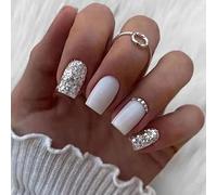 24 Pièces Faux Ongles Court Carrés Ongles à Coller Français Blanc Brillant Glossy Press on Nails Naturel Acrylique Capsules Réutilisable Couverture Complète Faux Ongles pour Femmes et Filles