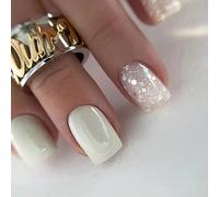 24 Pièces Faux Ongles Court Carrés Ongles à Coller Français Blanc Brillant Press on Nails Naturel Acrylique Capsules Ongles Réutilisable Couverture Complète Bâton sur Ongles pour Femmes et Filles