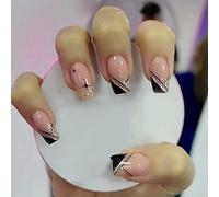 24 Pièces Faux Ongles Court Carrés Ongles à Coller Français Noir Triangle Glossy Press on Nails Naturel Acrylique Capsules Réutilisable Couverture Complète Faux Ongles pour Femmes et Filles