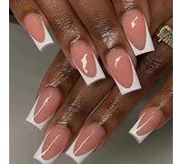 24 Pièces Faux Ongles Court Carrés Ongles à Coller Français Nude Rose Press on Nails Blanc Naturel Acrylique Capsules Ongles Réutilisable Couverture Complète Bâton sur Ongles pour Femmes et Filles
